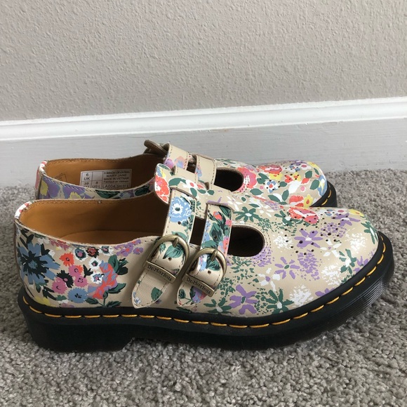 Floral Mash-Up Dr. Martens Mary Janes Docs size 8 leather Parchment Beige - Picture 2 of 6